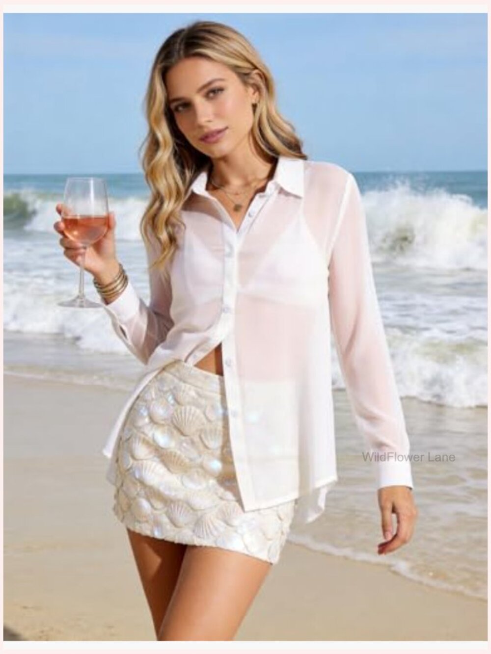 Sexy Sheer Long Sleeve Button Down Blouse Mesh Top - Picture 5 of 7
